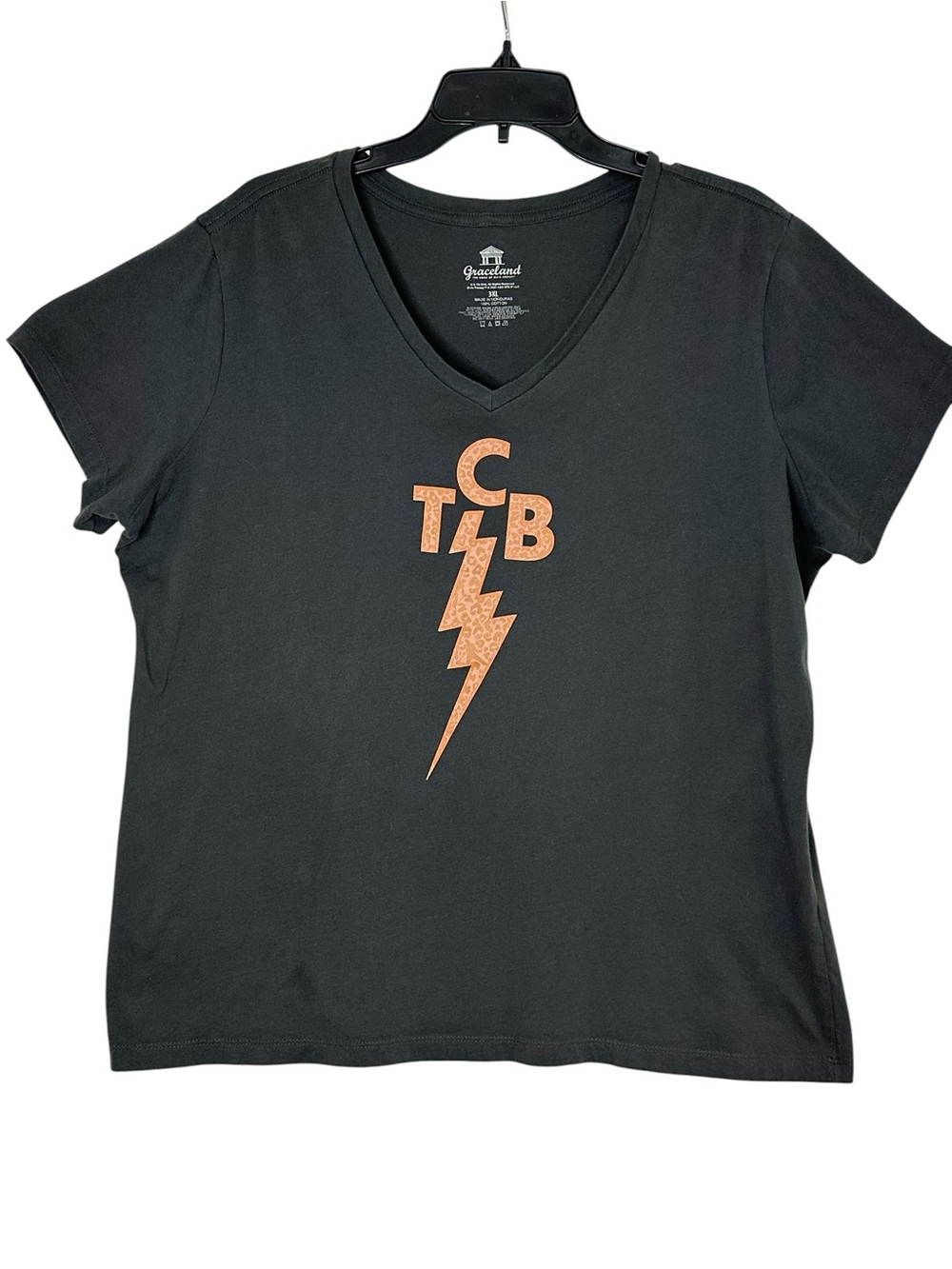 Graceland Elvis Presley TCB Leopard Lighting Bolt V-Neck Tee 3XL Charcoal